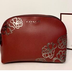 Coach Burgundy Cosmetic Bag with Silver Floral Design